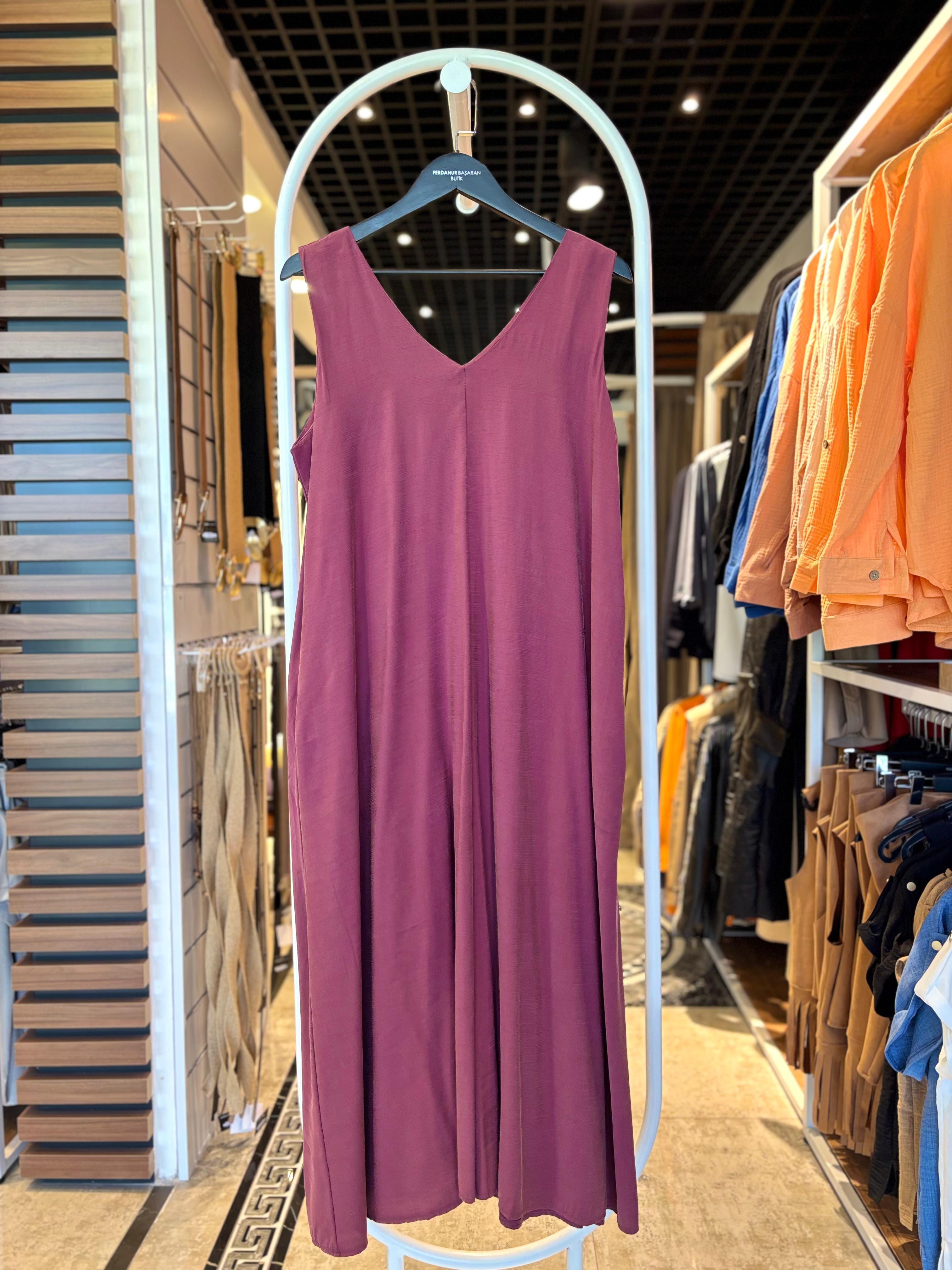Büyük Beden V Yaka Maxi Boy Kadın Elbise - Mor 