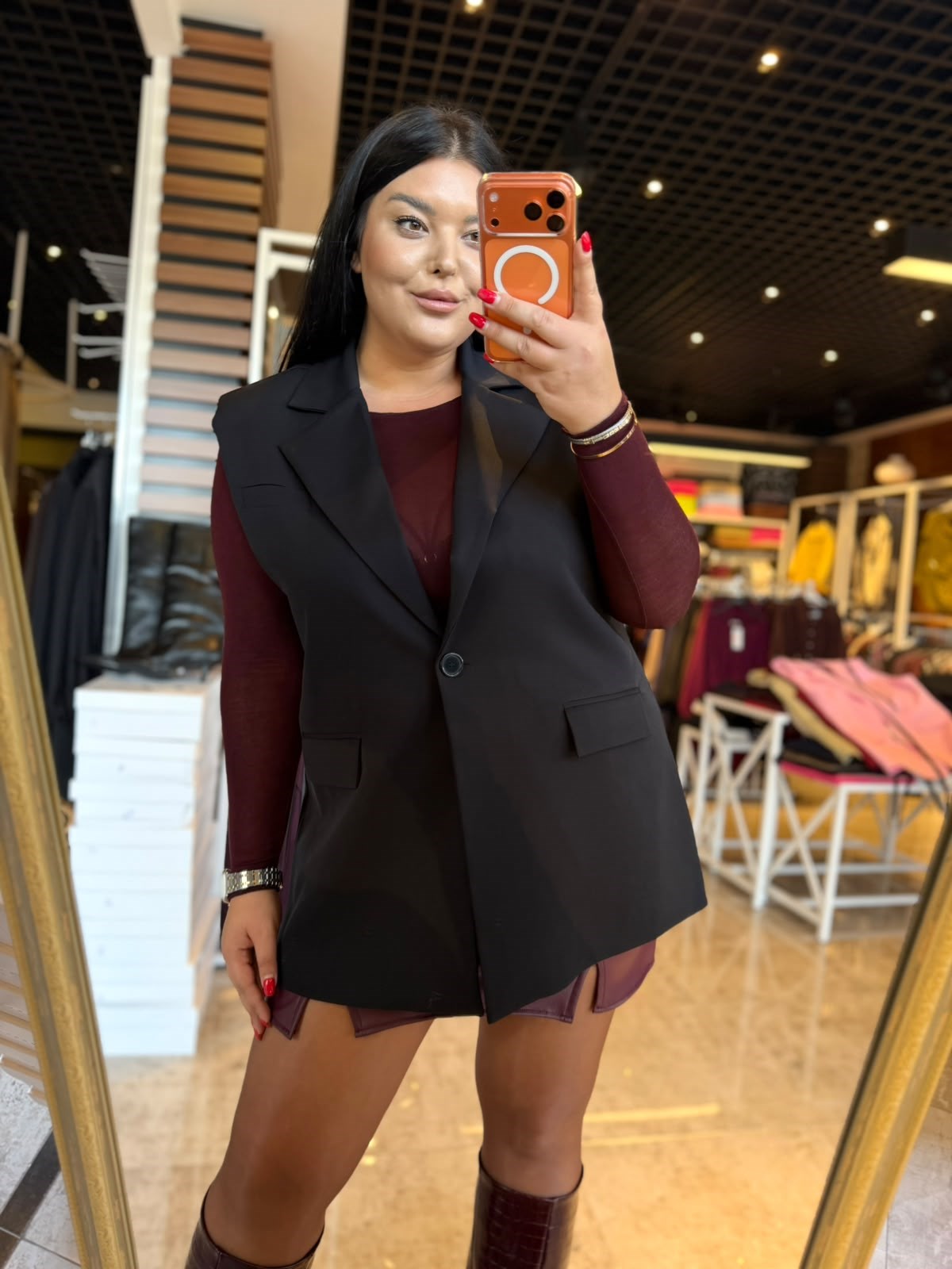 Büyük Beden Vatkalı Kemerli Düğme Detay Kadın Blazer Yelek - Siyah 