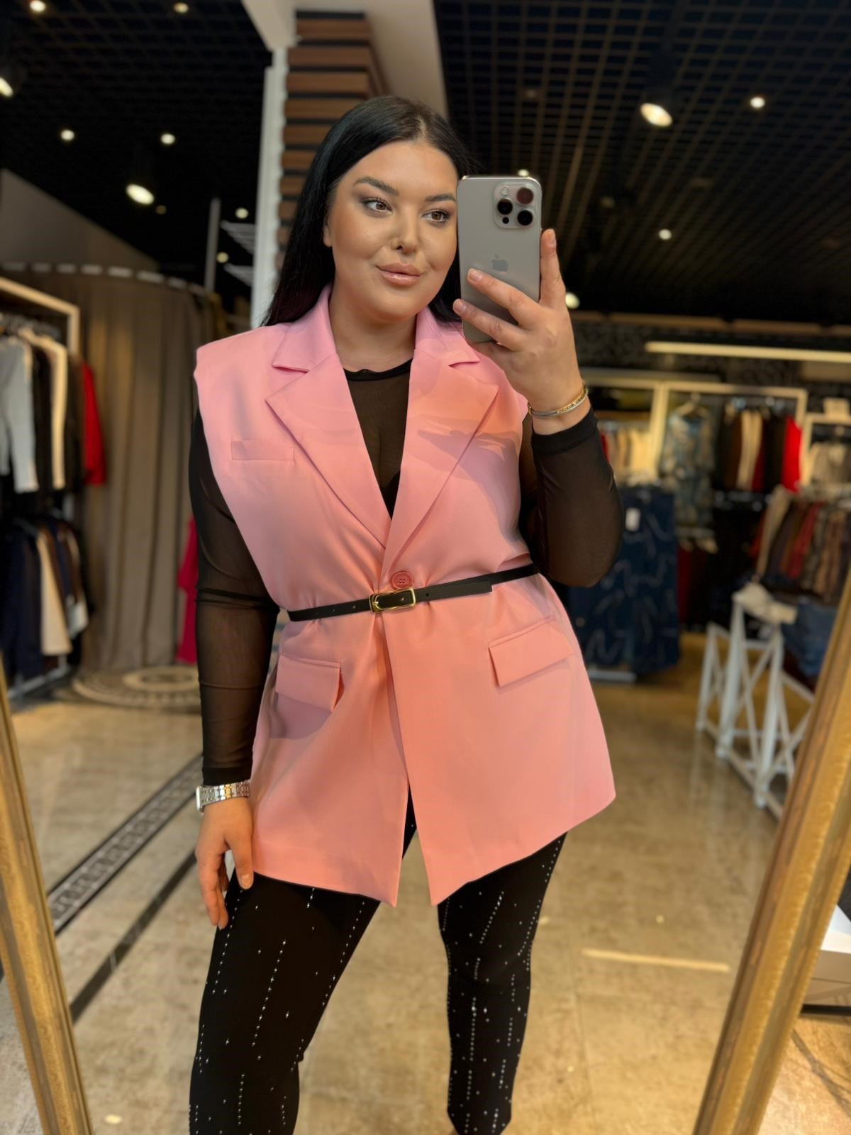 Büyük Beden Vatkalı Kemerli Düğme Detay Kadın Blazer Yelek - Pembe 
