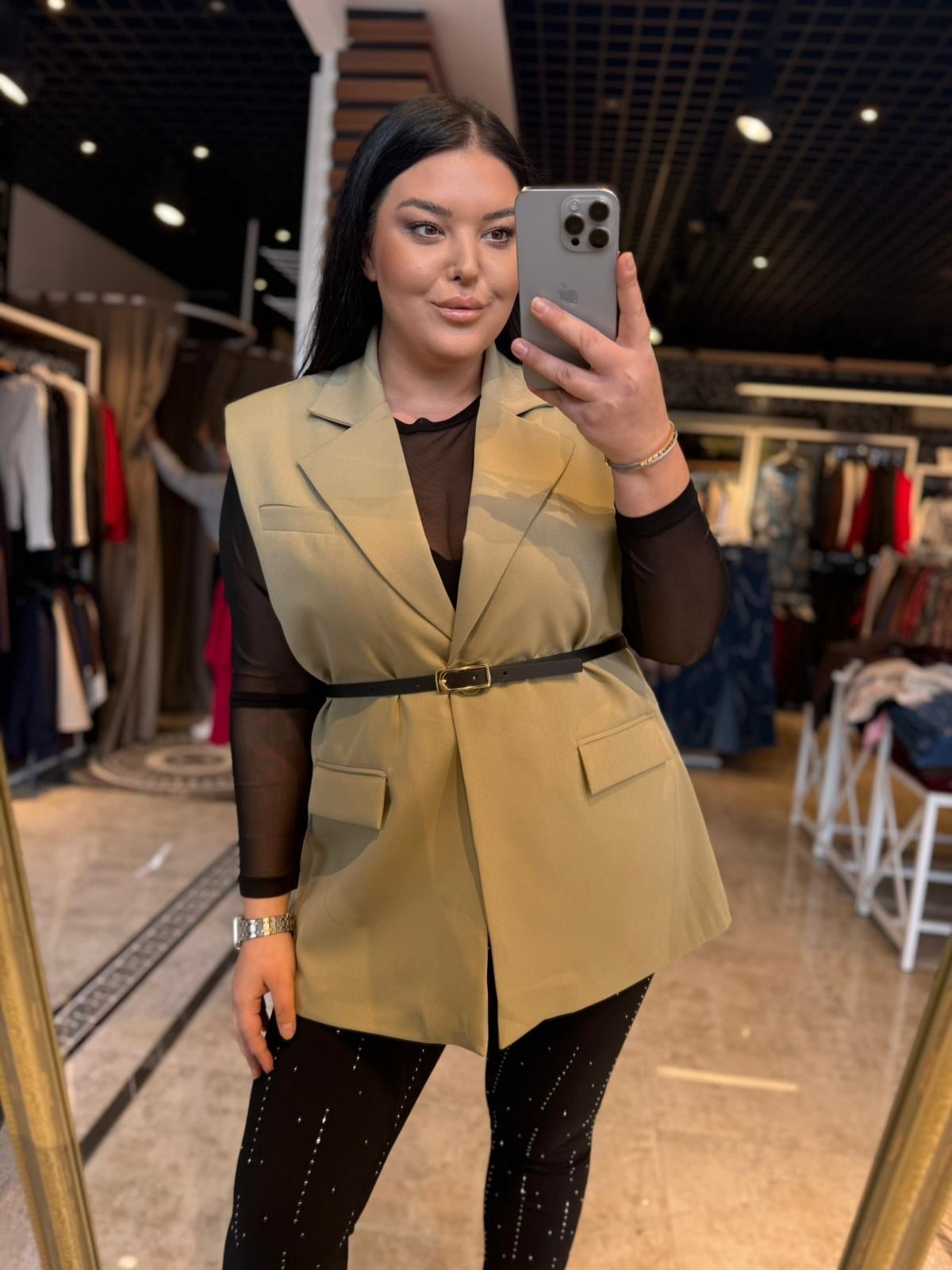 Büyük Beden Vatkalı Kemerli Düğme Detay Kadın Blazer Yelek - Yeşil 
