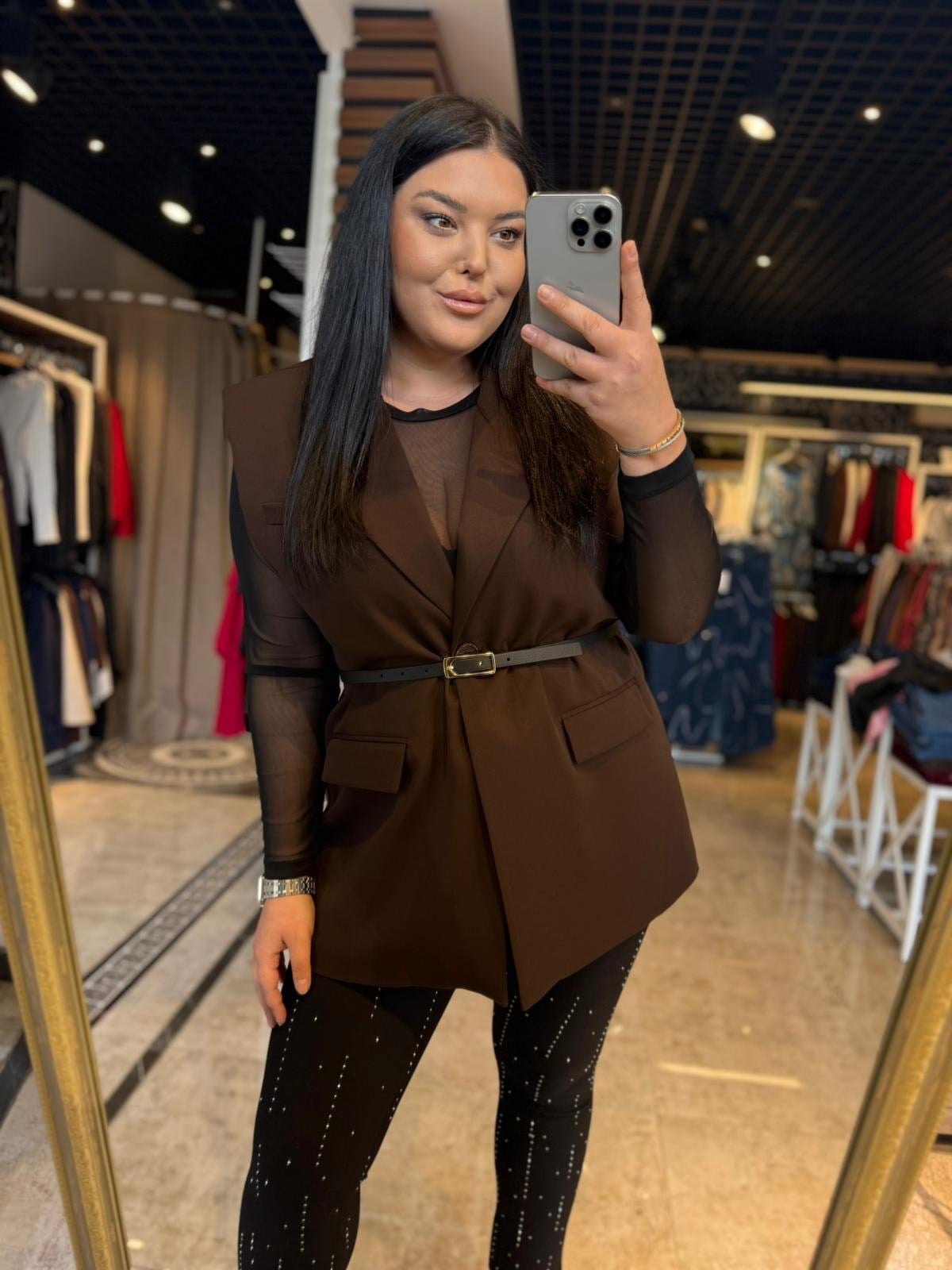 Büyük Beden Vatkalı Kemerli Düğme Detay Kadın Blazer Yelek - Kahve 