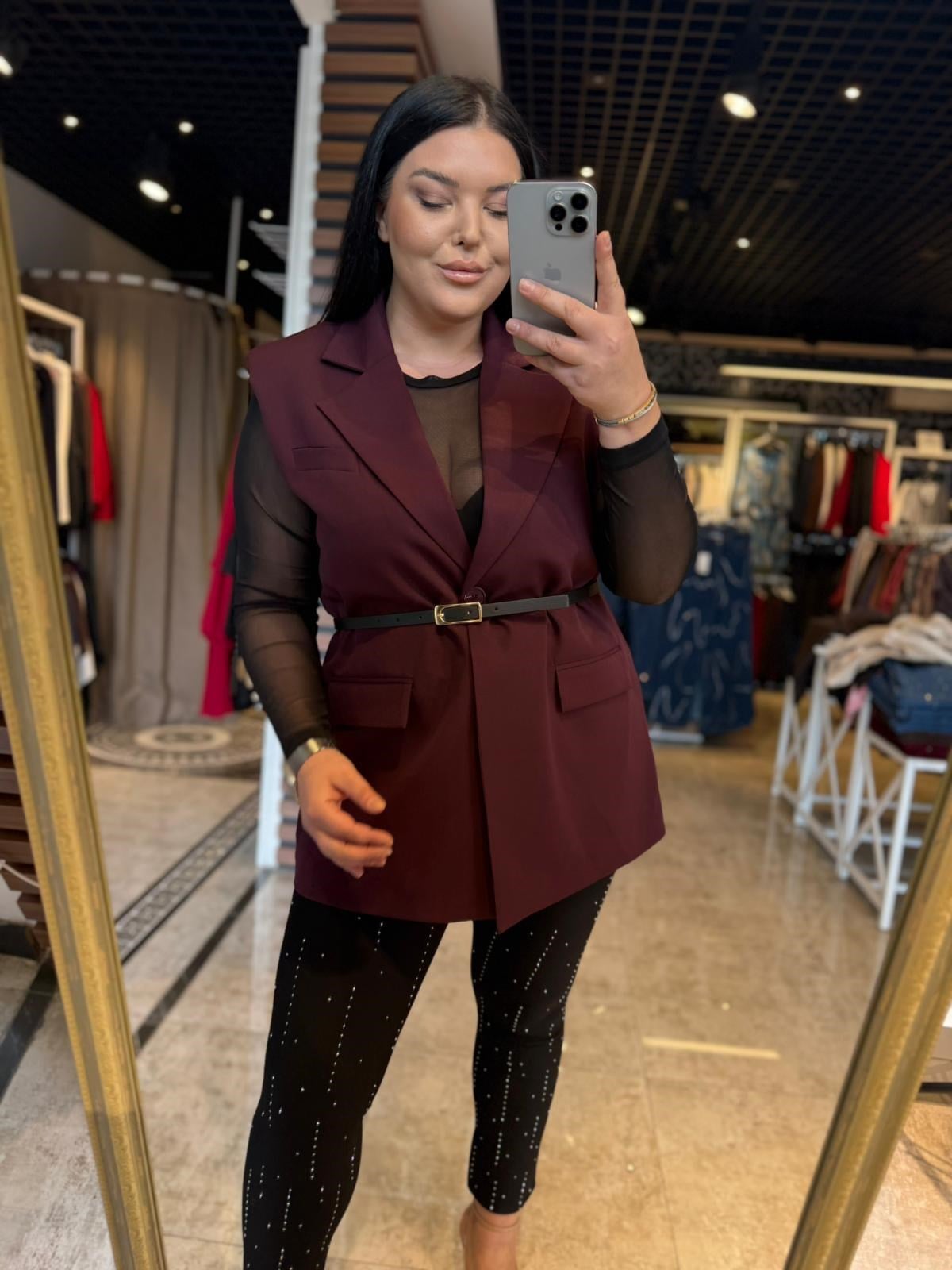 Büyük Beden Vatkalı Kemerli Düğme Detay Kadın Blazer Yelek - Mürdüm 