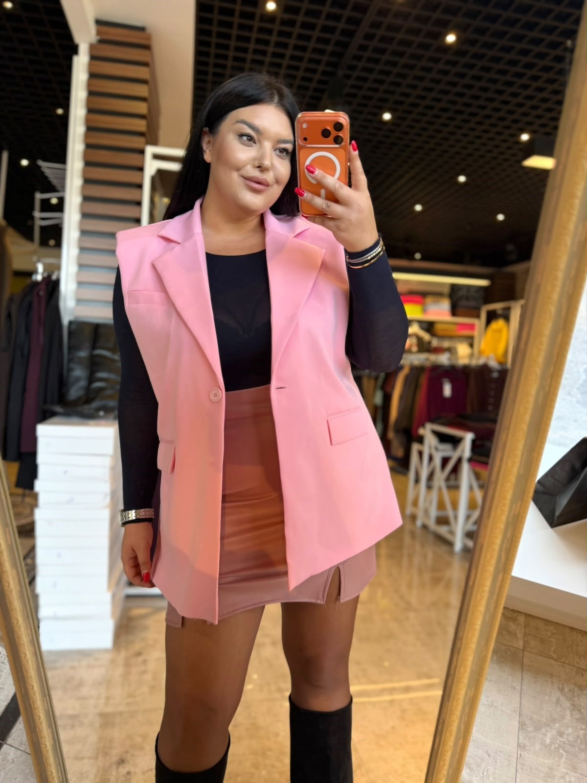 Büyük Beden Vatkalı Kemerli Düğme Detay Kadın Blazer Yelek - Pembe 