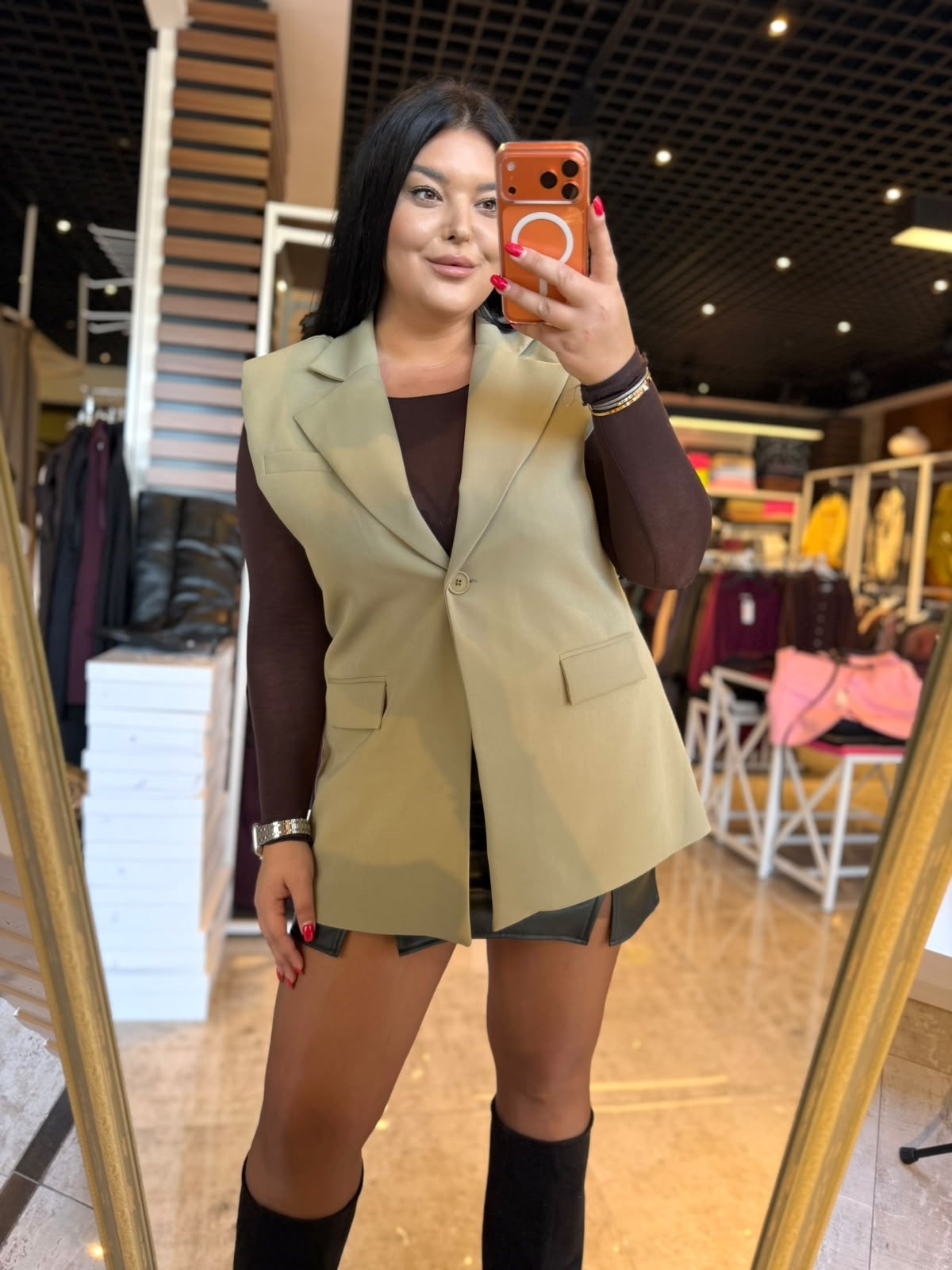 Büyük Beden Vatkalı Kemerli Düğme Detay Kadın Blazer Yelek - Yeşil 