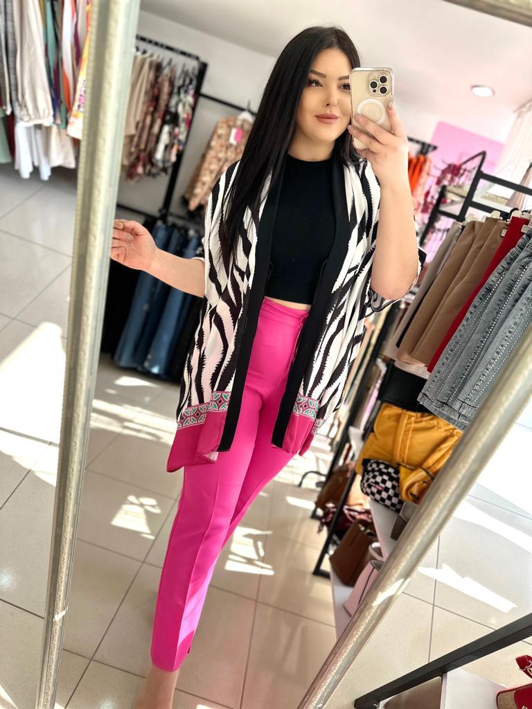 Büyük Beden Zebra Desenli Fuşya Detaylı Şifon Kumaş Kimono - Beyaz