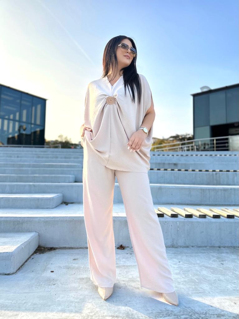 Kristal Taş Detay Oversize Premium Kalite İkili Takım - Krem 