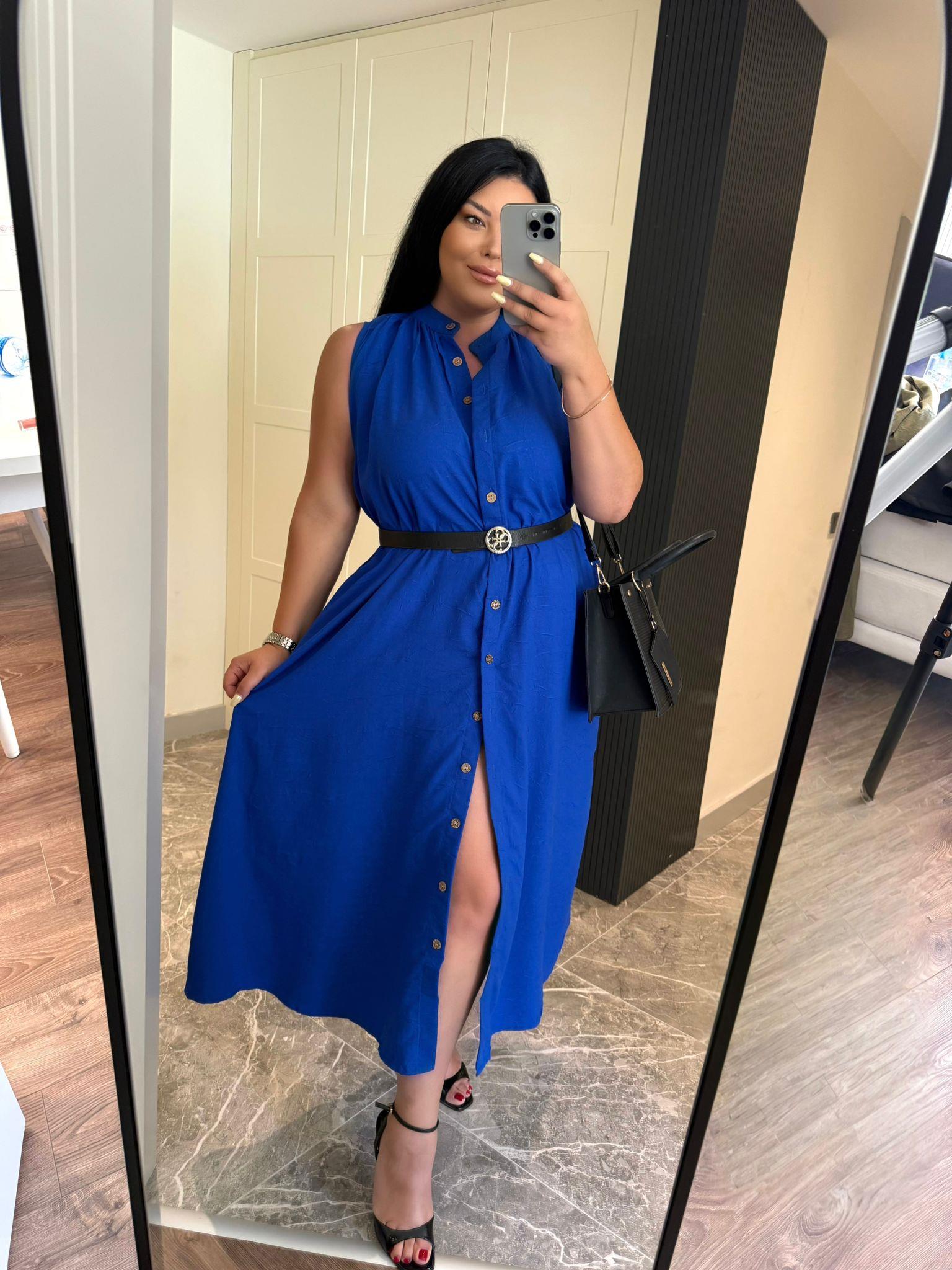 Oversize Ahşap Düğme Detay Maxi Boy Elbise - Saks 