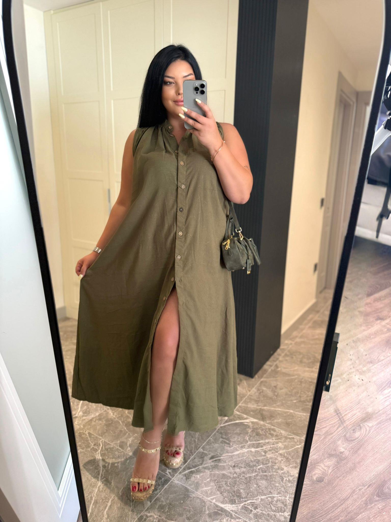 Oversize Ahşap Düğme Detay Maxi Boy Elbise - Haki 