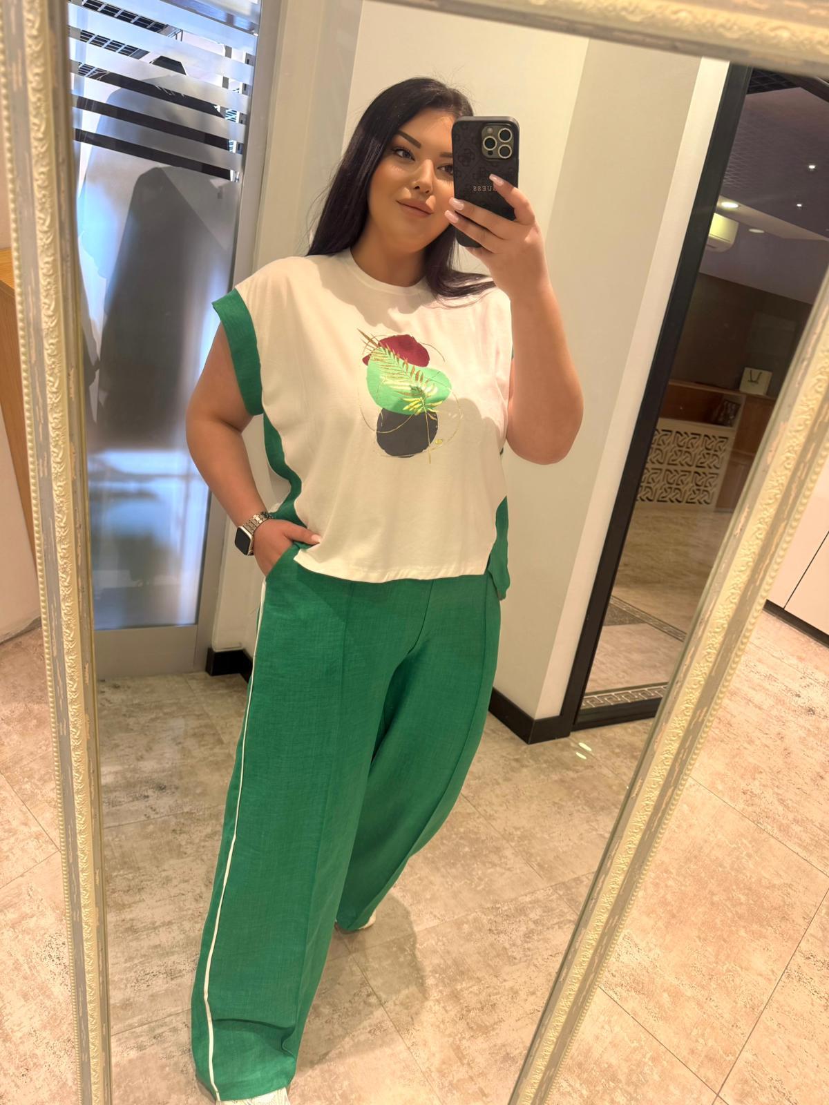 Oversize Ayrobin Kumaş Çizgili Pantolonlu Kadın İkili takım -Yeşil 