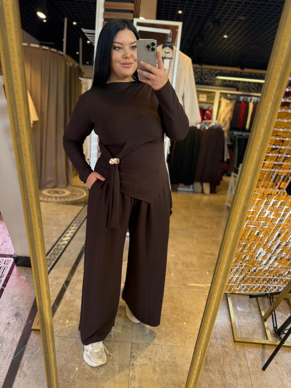 Oversize Bel Gold Toka Detaylı Kadın İkili Takım - Kahve 