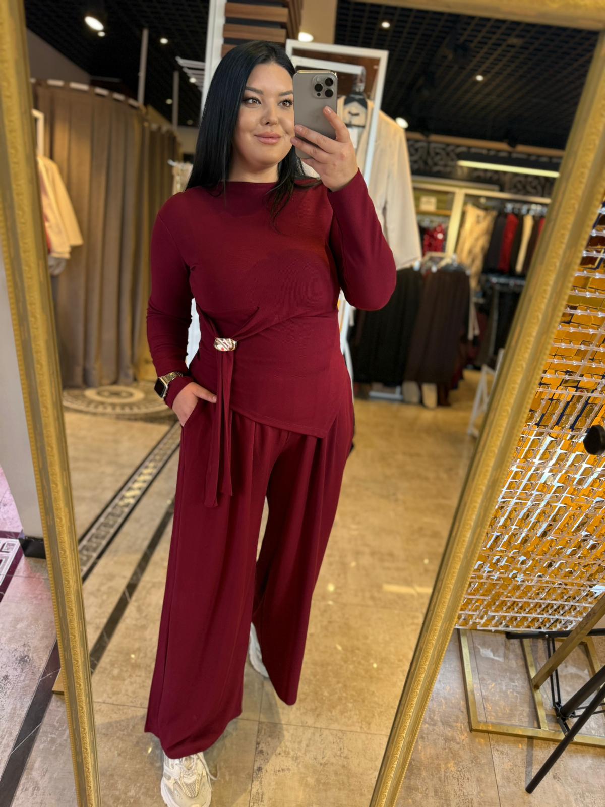 Oversize Bel Gold Toka Detaylı Kadın İkili Takım - Bordo