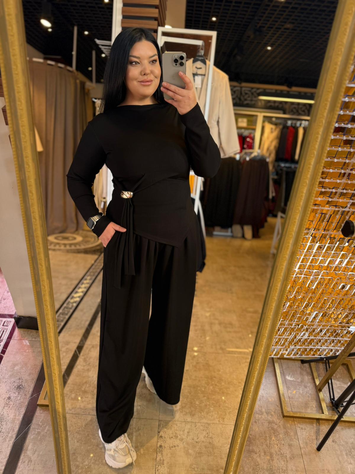 Oversize Bel  Gold Toka Detaylı Kadın İkili Takım - Siyah 