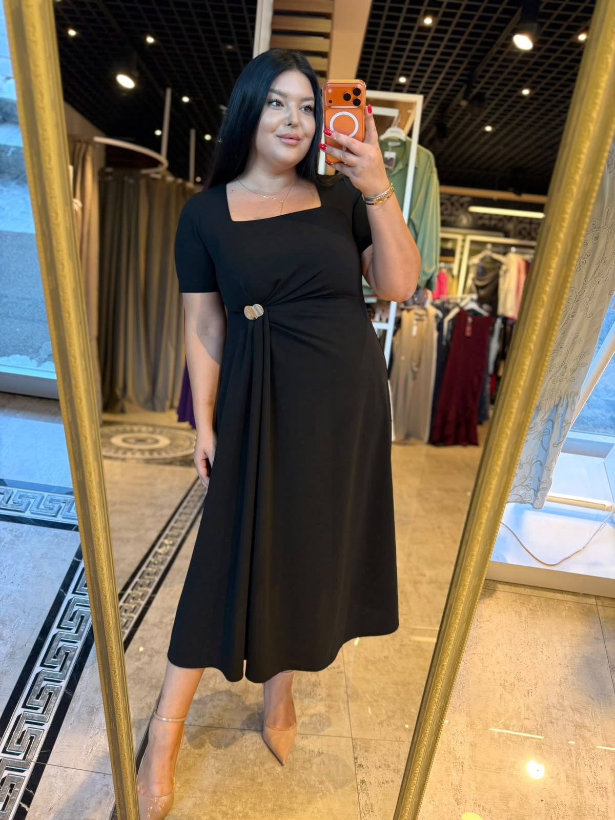 Oversize Bel Gold Toka Detaylı Kare Yaka Kadın Elbise - Siyah 
