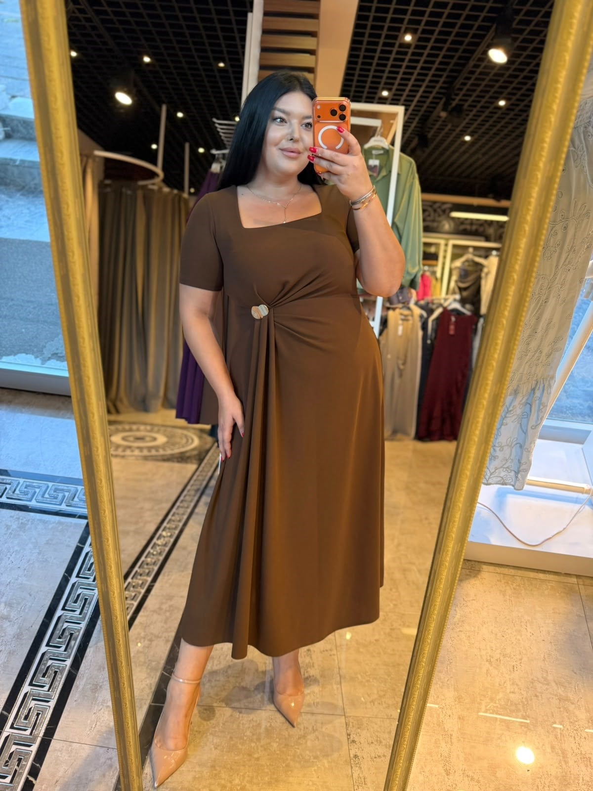 Oversize Bel Gold Toka Detaylı Kare Yaka Kadın Elbise - Kahve 