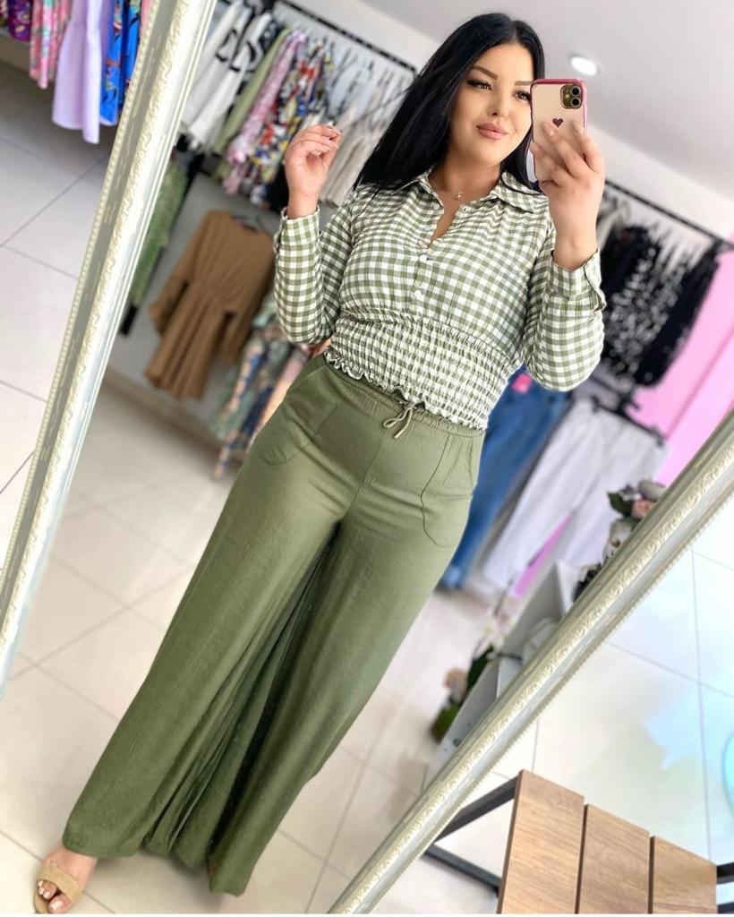 Oversize Bel Lastikli Ayrobin Bol Paça Kadın Pantolon - Haki 