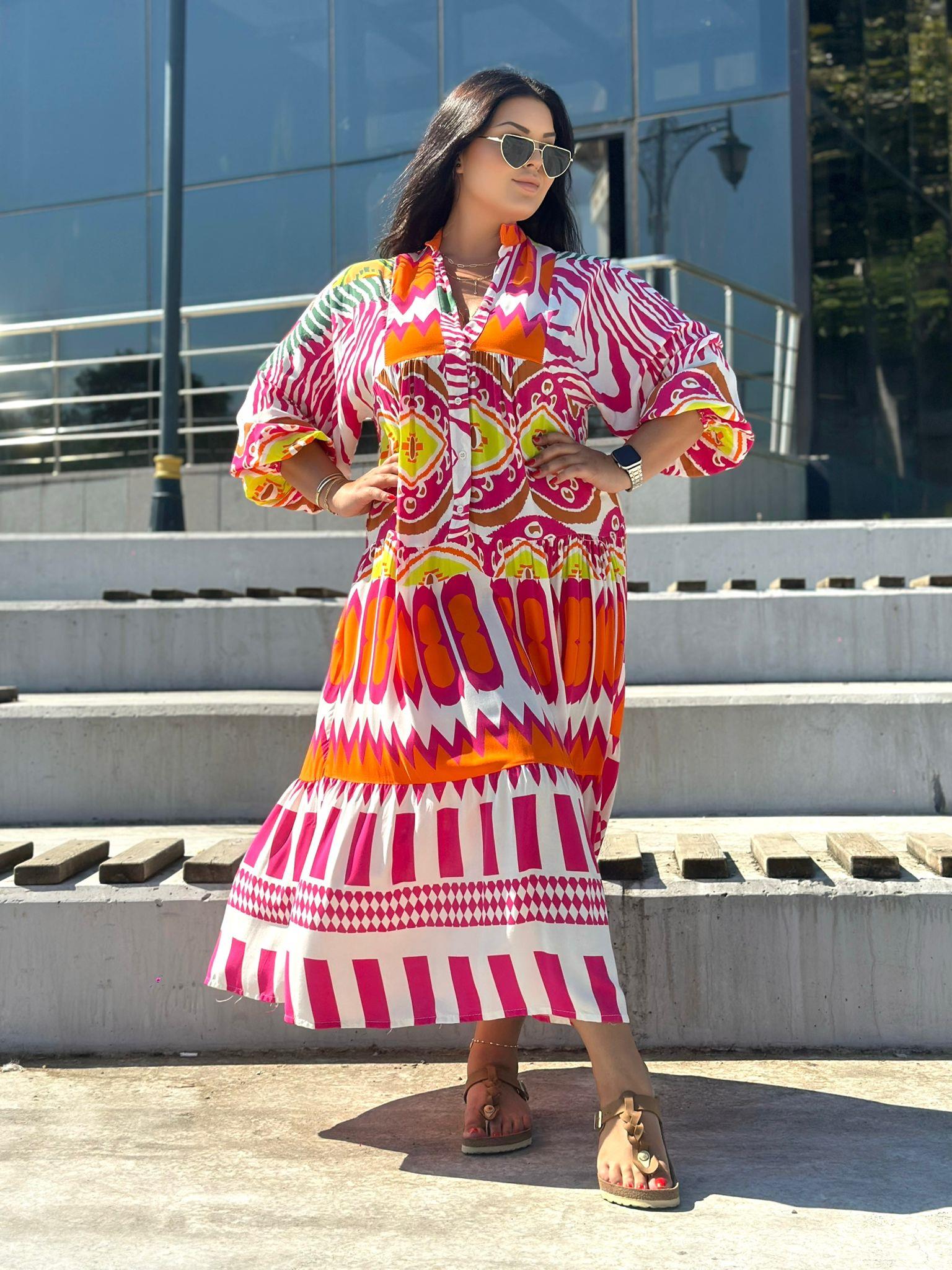 Oversize Bohem Pamuk Kumaş Turuncu Desen Maxi Boy Uzun Elbise - Pembe 