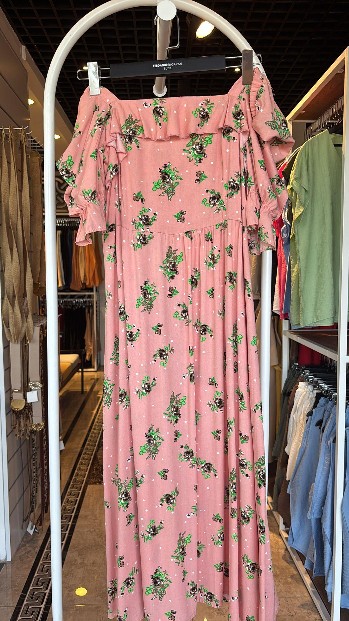 Oversize  Çiçek Detaylı Kadın Elbise - Pembe 
