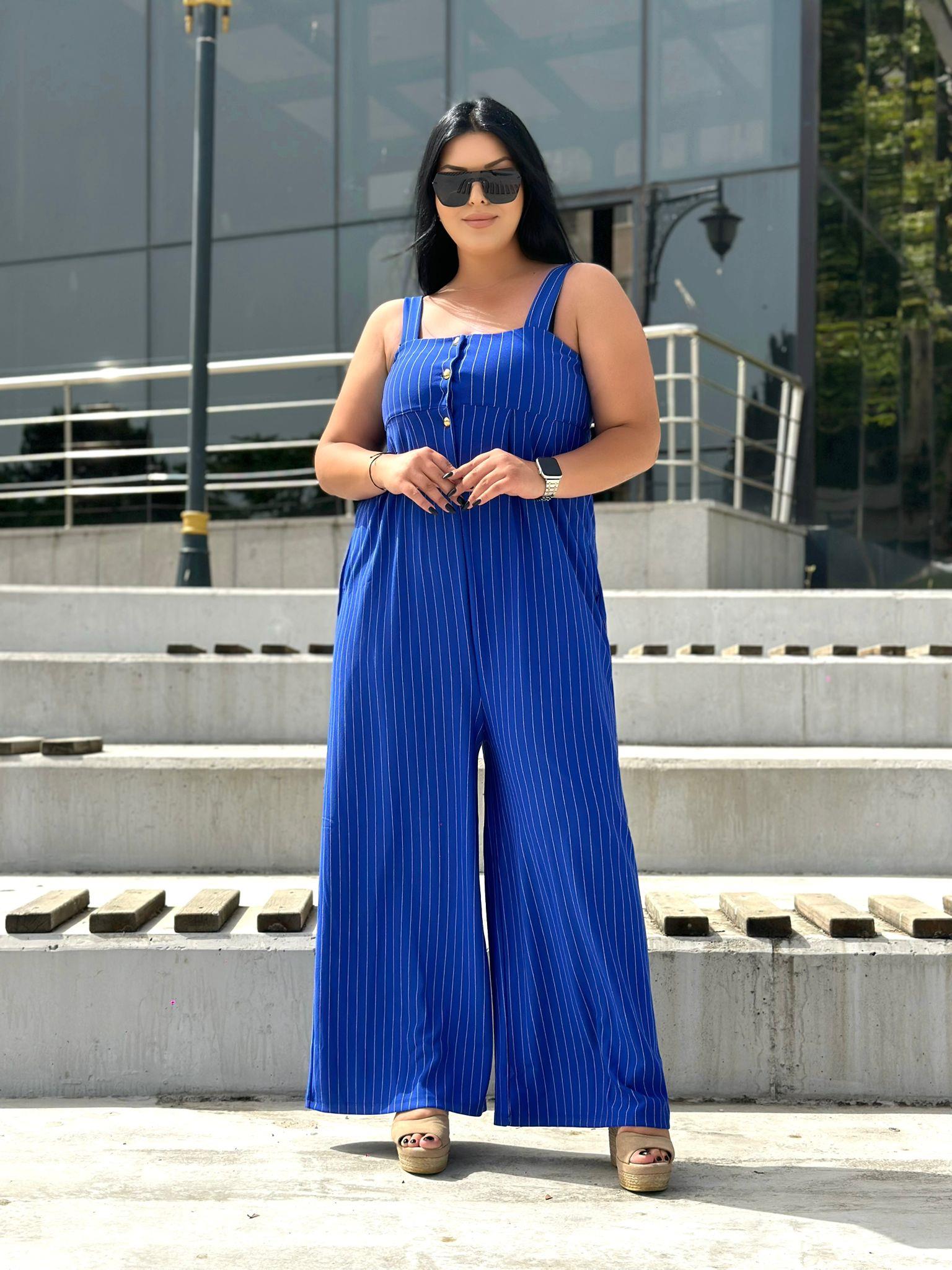 Oversize Çizgili Askılı Cep detaylı Tulum - Mavi
