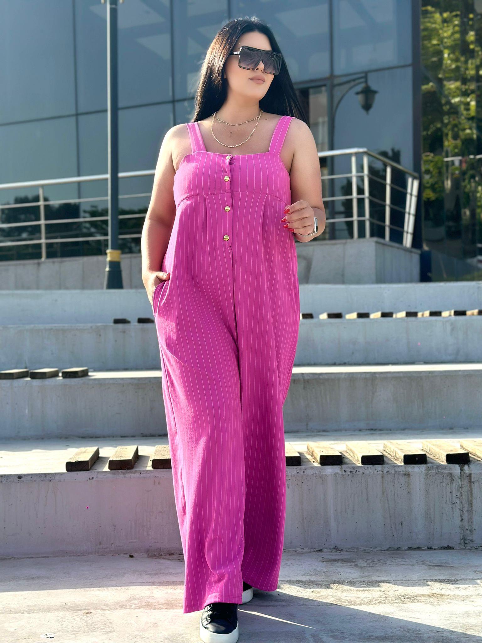 Oversize Çizgili Askılı Cep detaylı Tulum - Pembe 