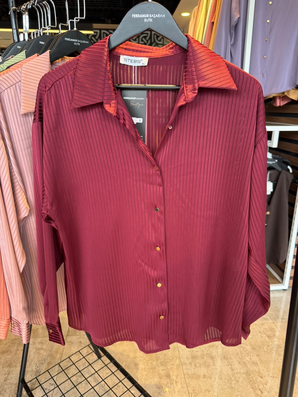 Oversize Çizgili Gold Düğme Detaylı Kadın Gömlek -  Bordo 