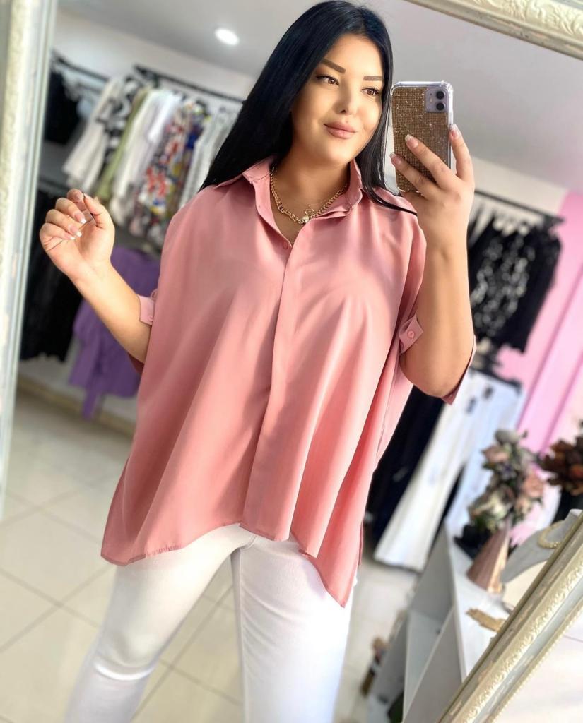 Oversize Dökümlü Kadın Gömlek - Pudra
