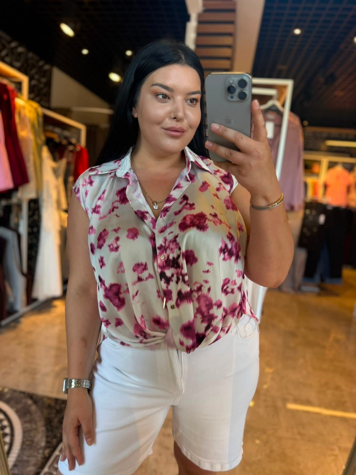 Oversize Düğümlü Renkli Desenli Kadın Gömlek - Pembe 