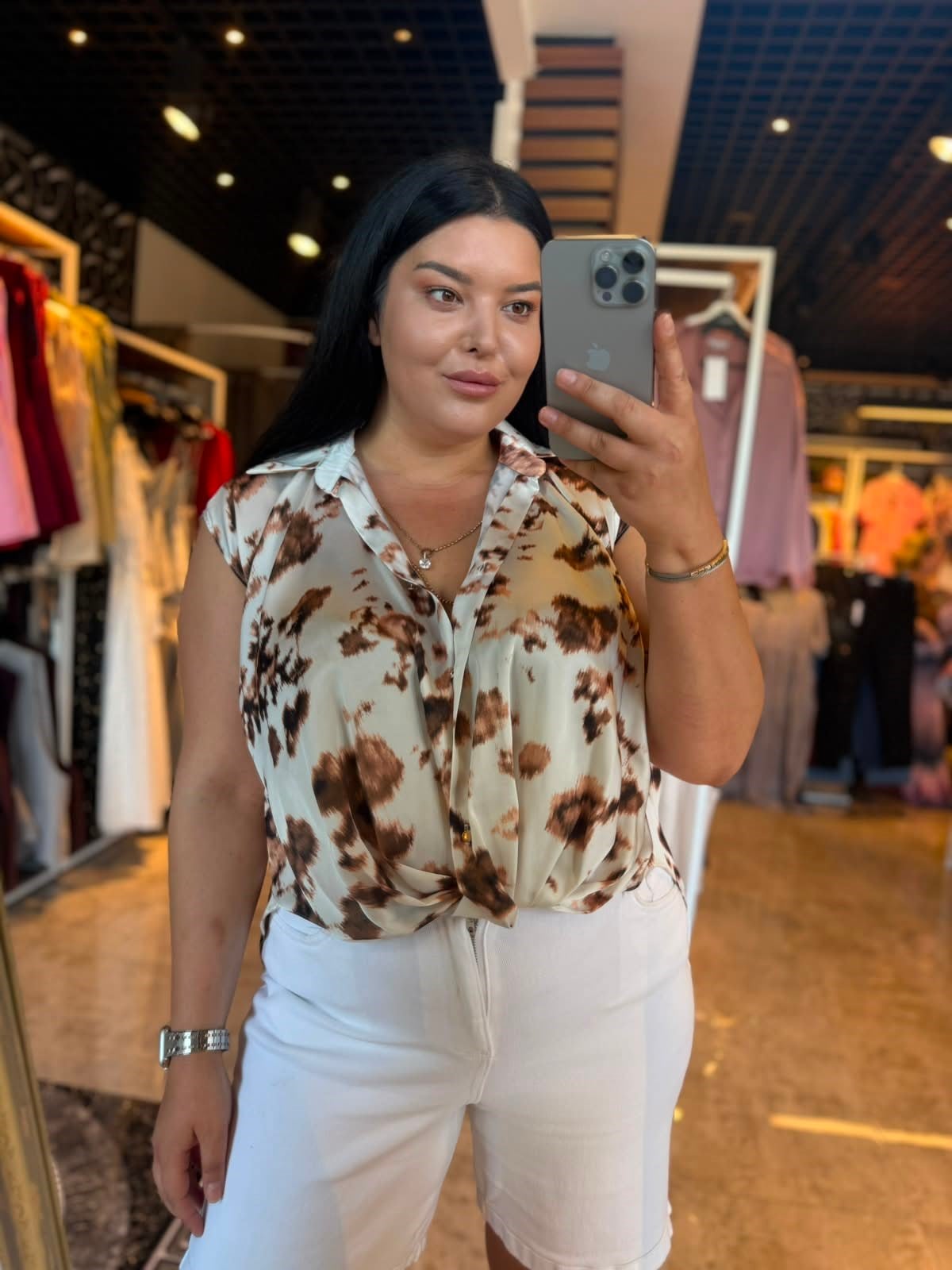 Oversize Düğümlü Renkli Desenli Kadın Gömlek - Kahve 