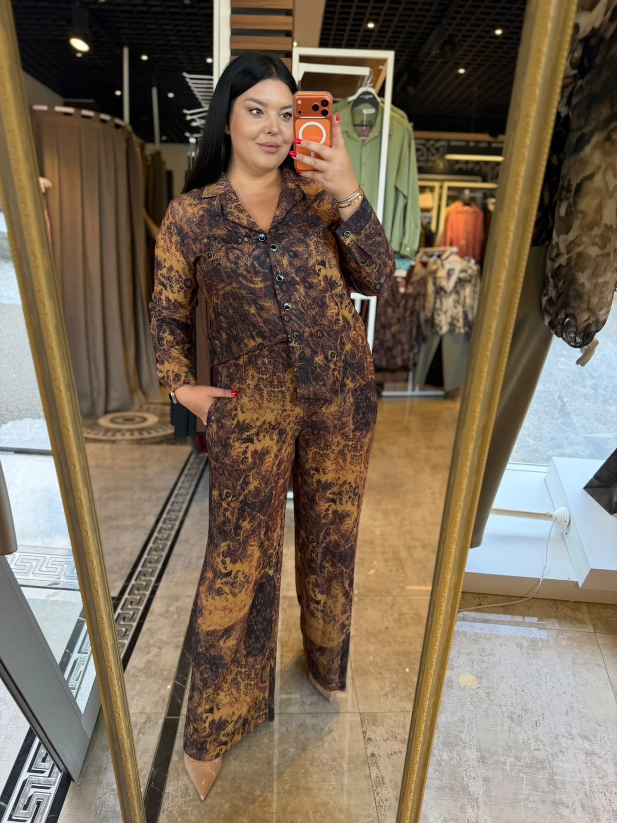 Oversize Eskitme Desenli Gömlekli Kadın İkili Takım - Kahve 
