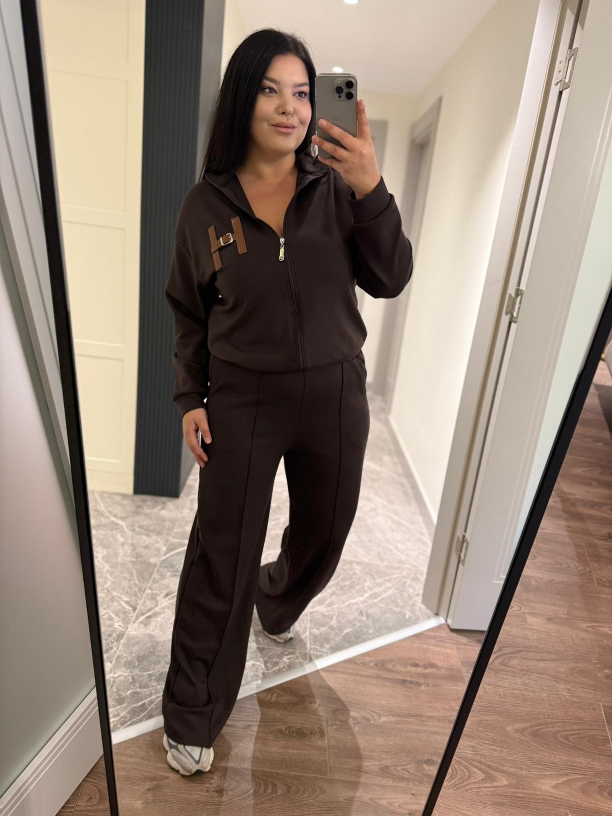 Oversize Fermuarlı Modal Kumaş Kadın İkili Takım - Kahve 