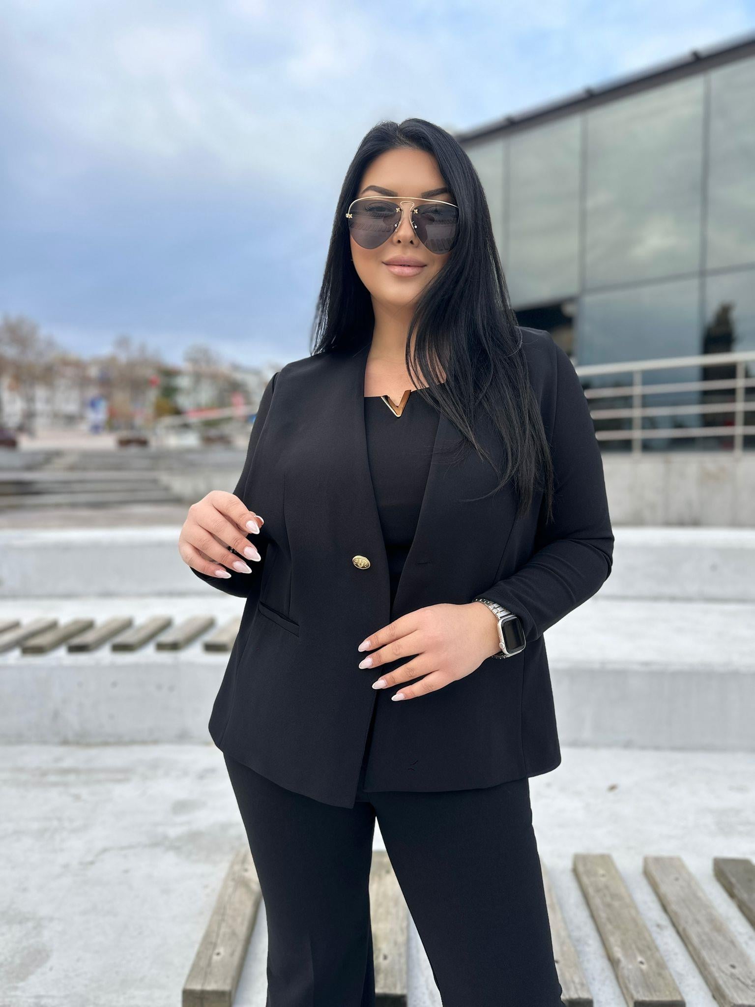 Oversize Gold Düğme Detay Kadın Blazer Yelek - Siyah