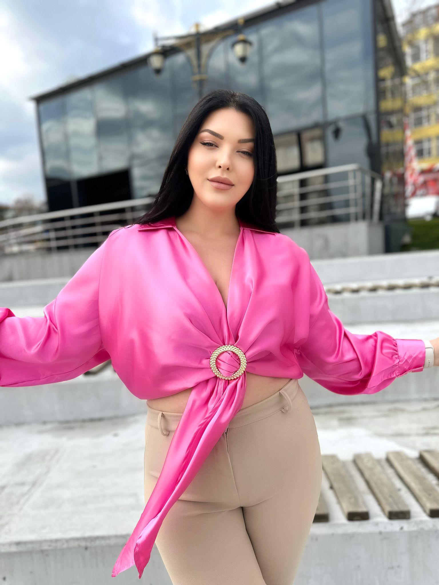 Oversize Gold Toka Detay İtalyan İpek Saten Bluz - Fuşya 