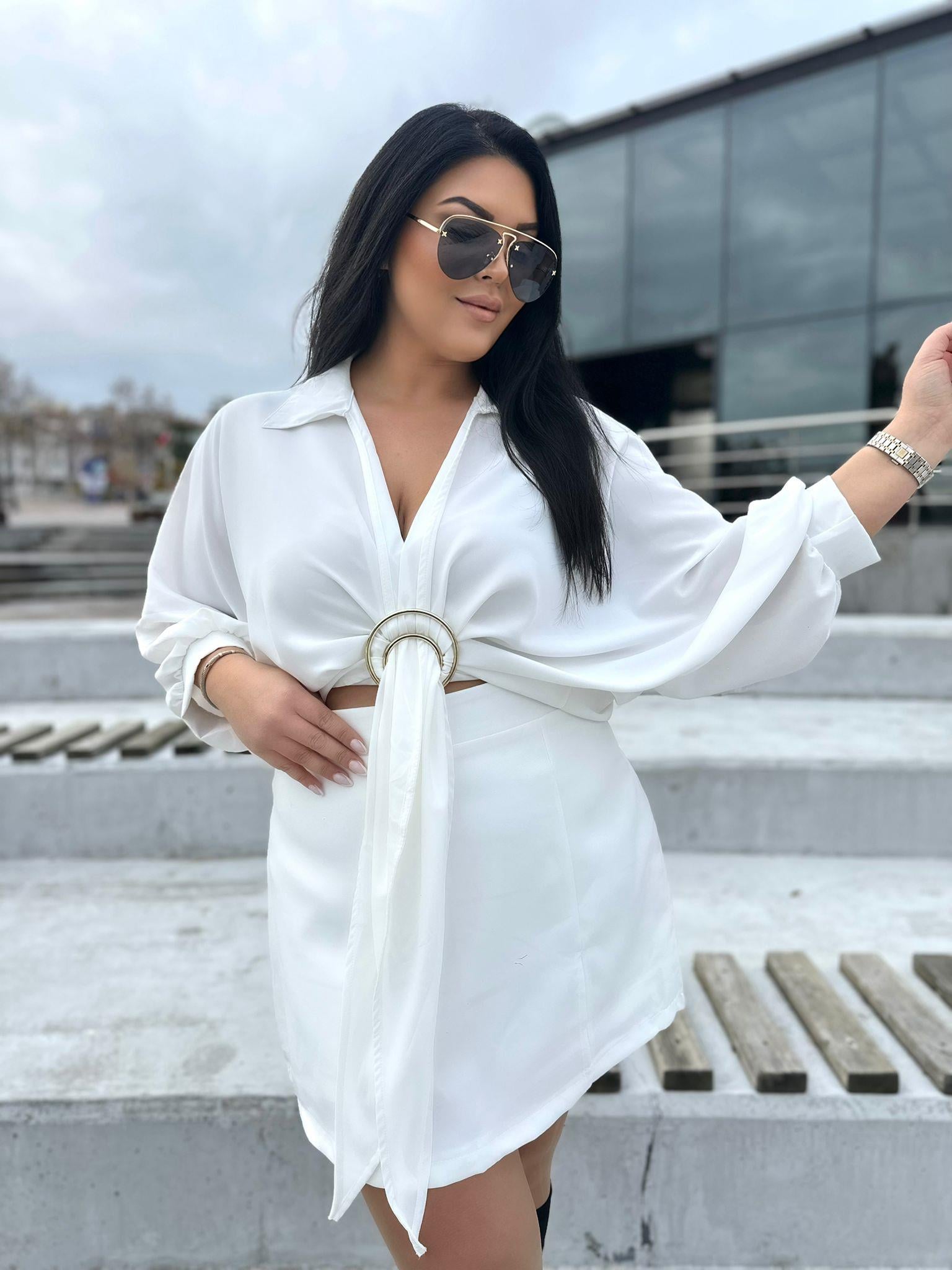 Oversize Gold Toka Detay Şifon Bluz - Beyaz 