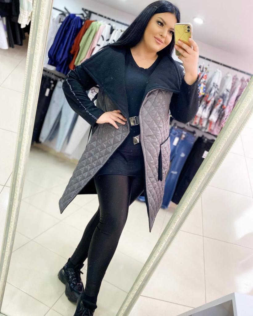 Oversize Gri Kapitone Cep Detaylı Kadın Şişme Mont - Siyah 