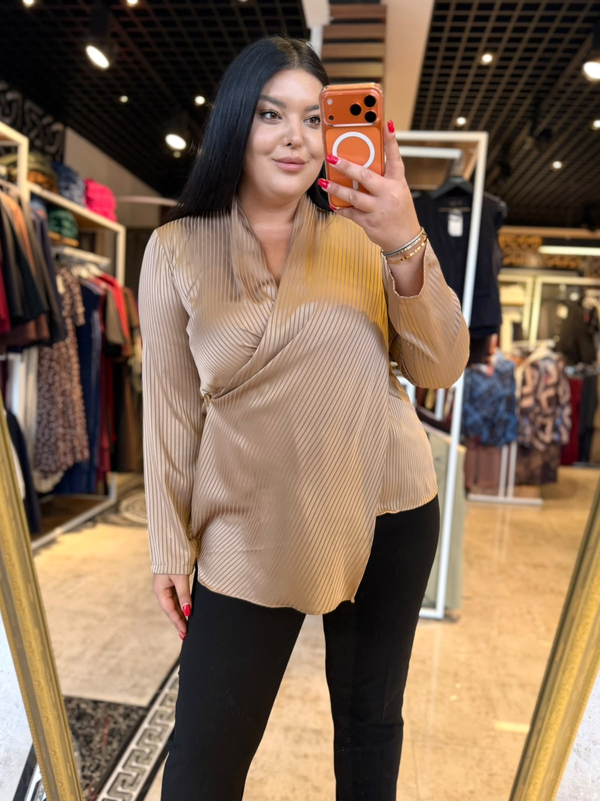 Oversize Halter Yaka Gold Toka Detay Kadın Bluz - A. Kahve 