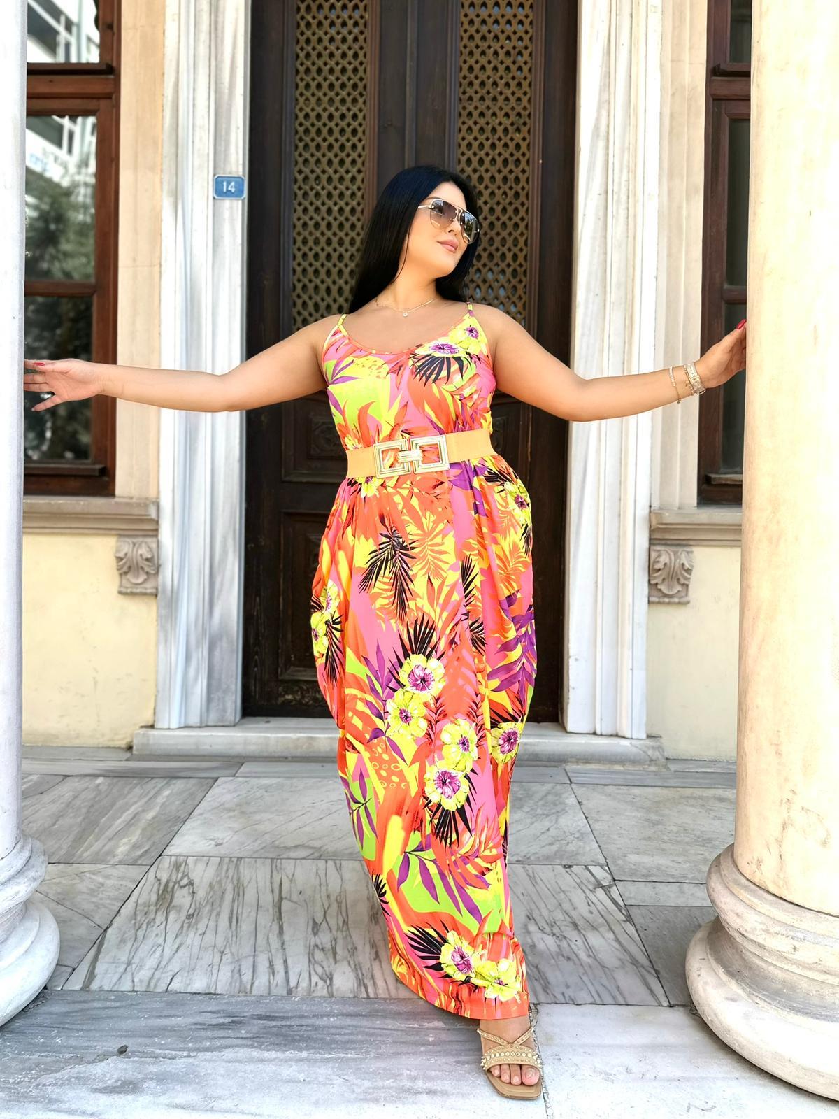 Oversize İp Askılı Tropikal Çiçek Desenli Cepli Maxi Boy Elbise - Turuncu