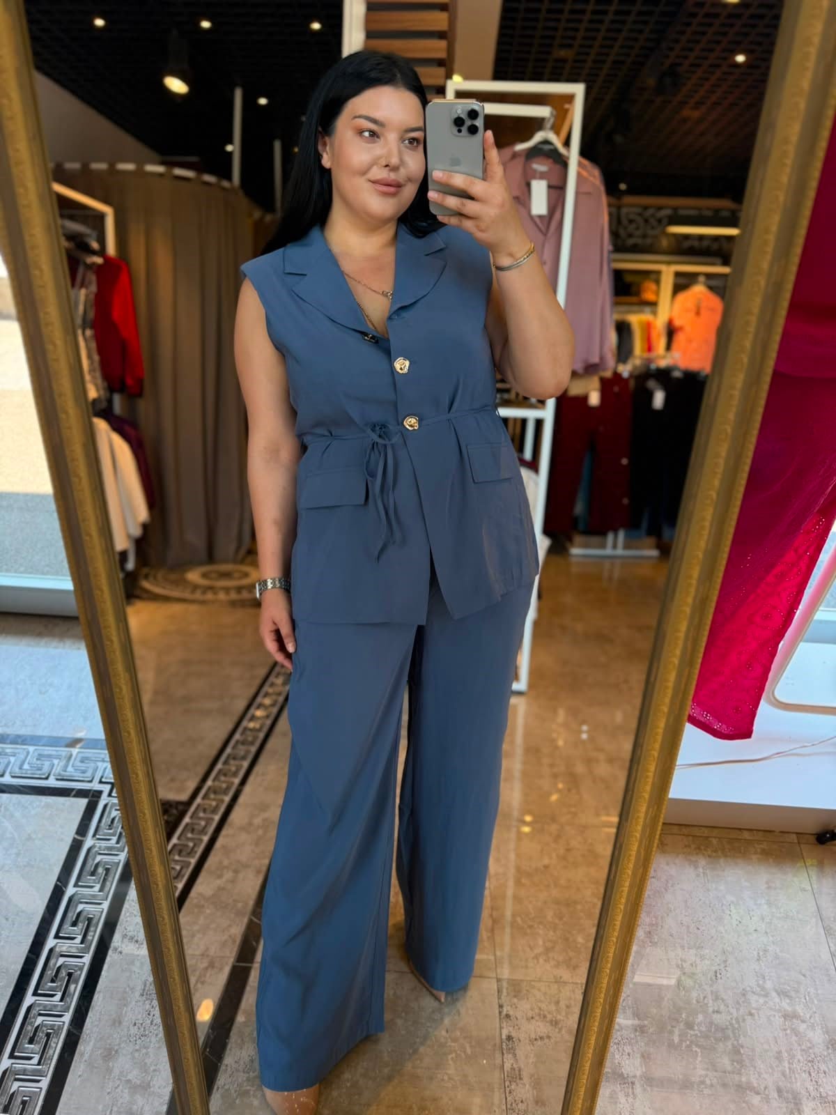 Oversize İp Bağlamalı Düğmeli Yelekli Kadın İkili Takım - İndigo Mavi 