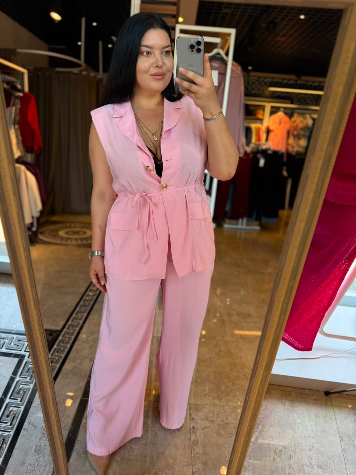 Oversize İp Bağlamalı Düğmeli Yelekli Kadın İkili Takım - Pembe 