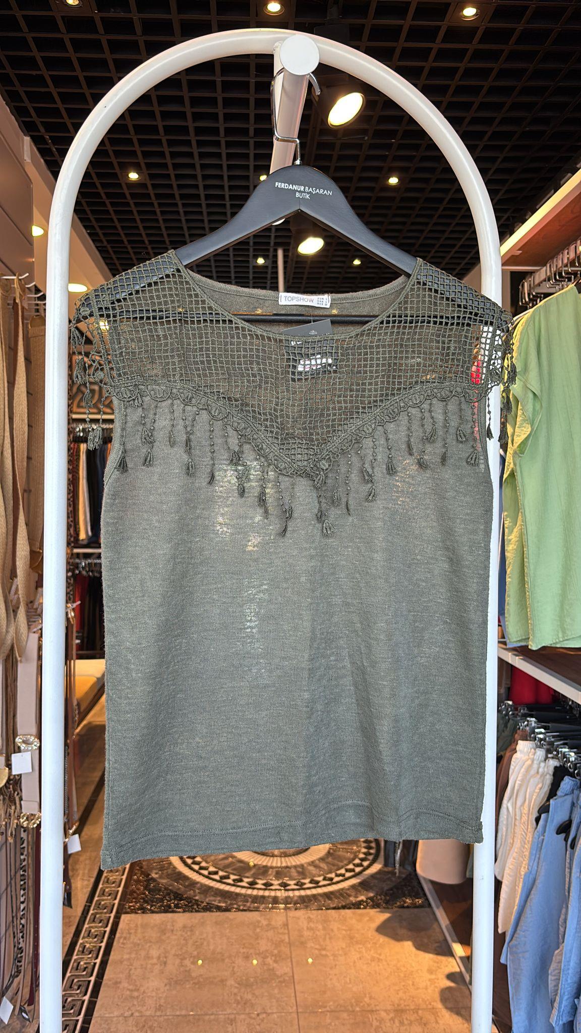 Oversize İp Desenli Kadın Bluz - Haki 