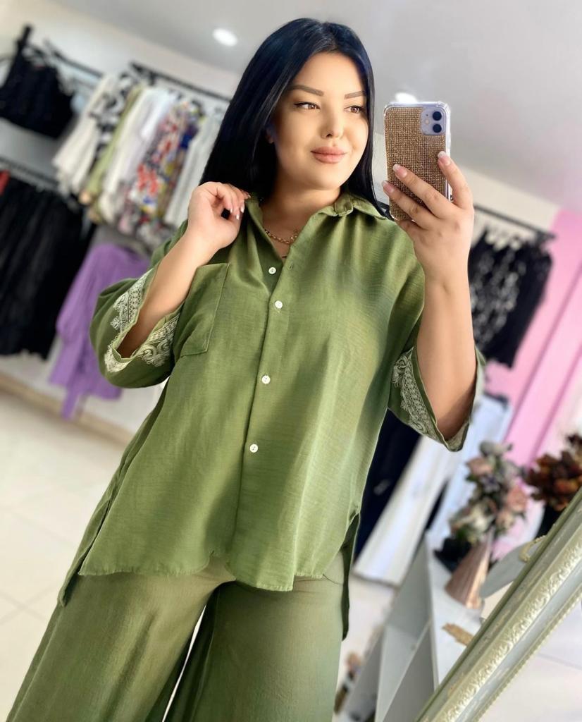 Oversize İşlemeli Keten Kadın Gömlek - Haki