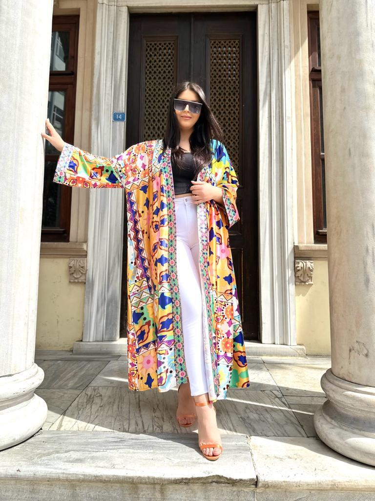 Oversize İtalyan İpek Saten Desenli Maxi Boy Kadın Kimono - Renkli 