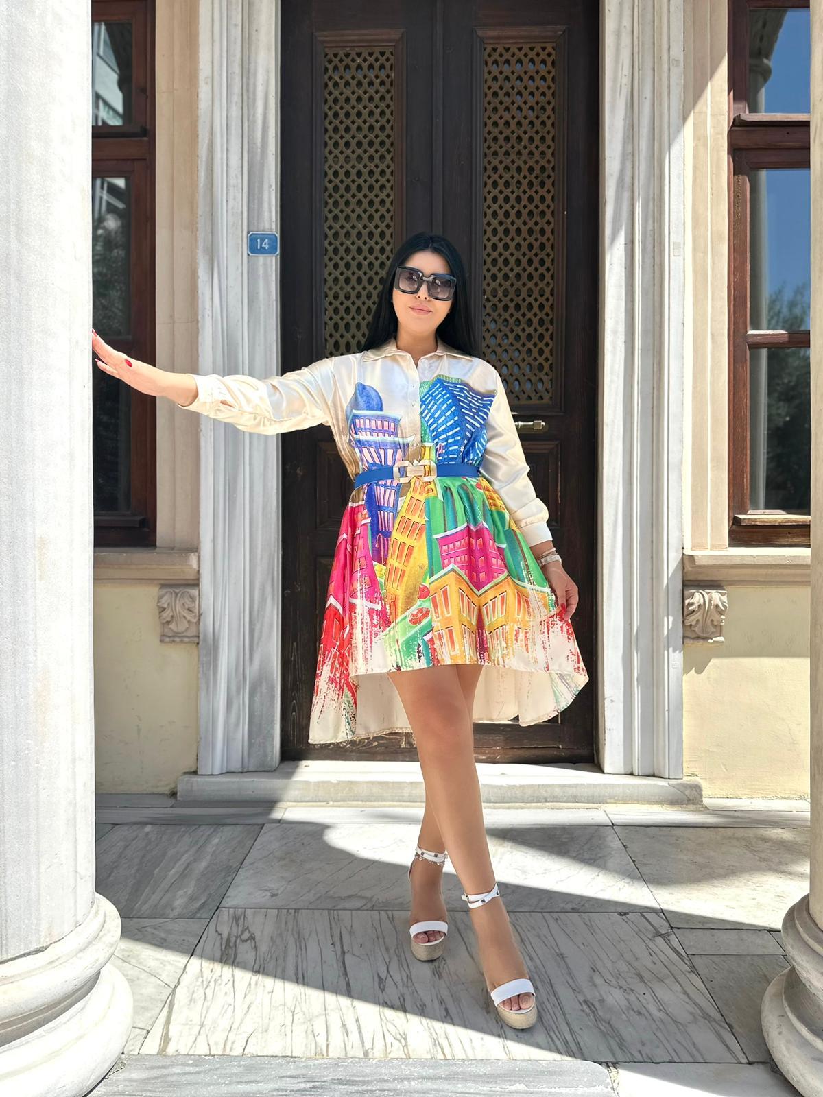 Oversize İtalyan İpek Saten Dijital Baskılı Gömlek Elbise - Krem