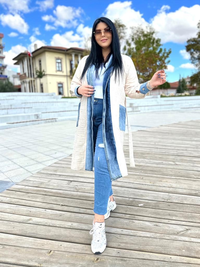 Oversize Jean Detay Kapitone Kadın Trençkot - Krem