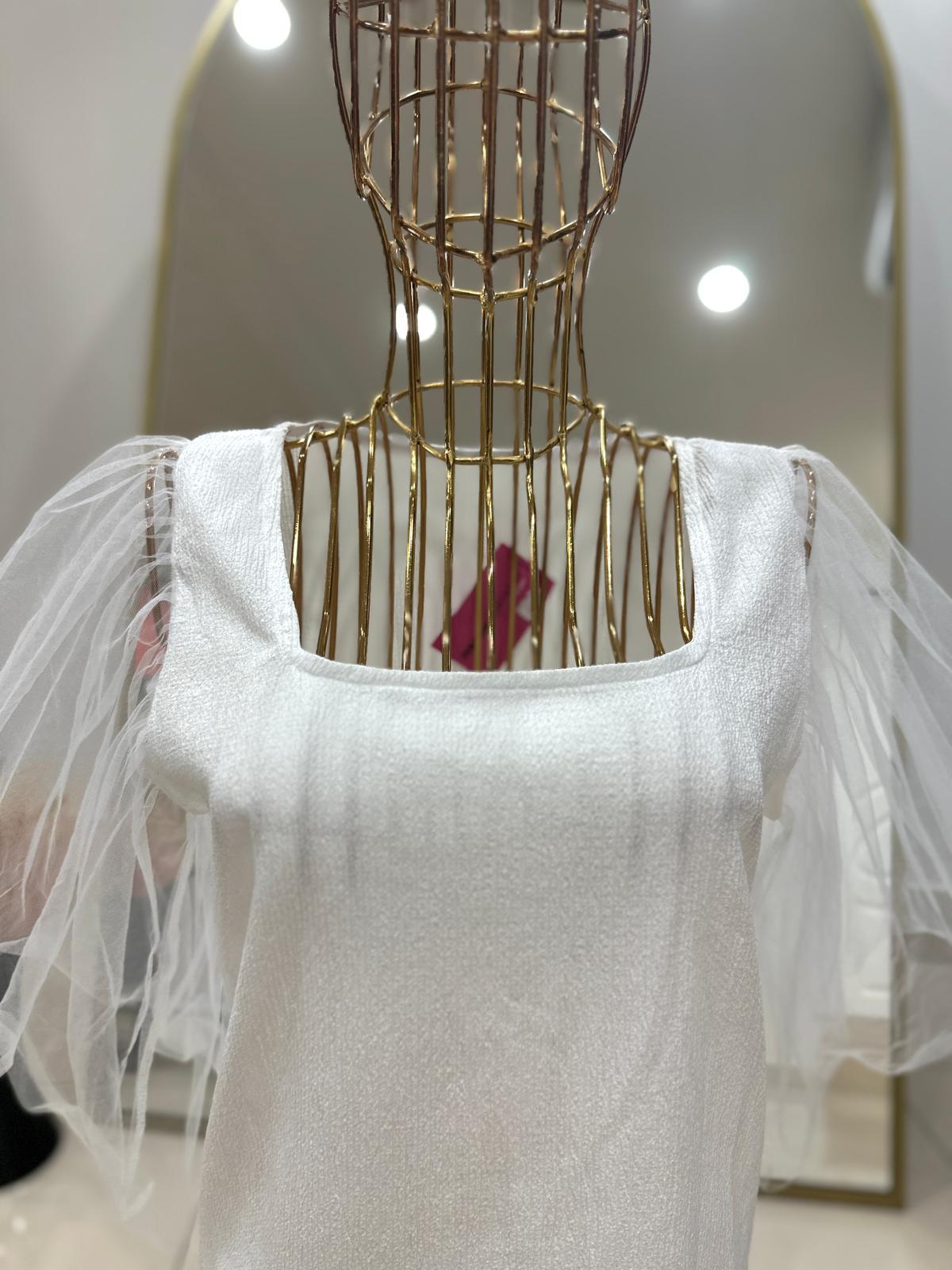 Oversize Kare Yaka Tüllü Bluz - Beyaz 