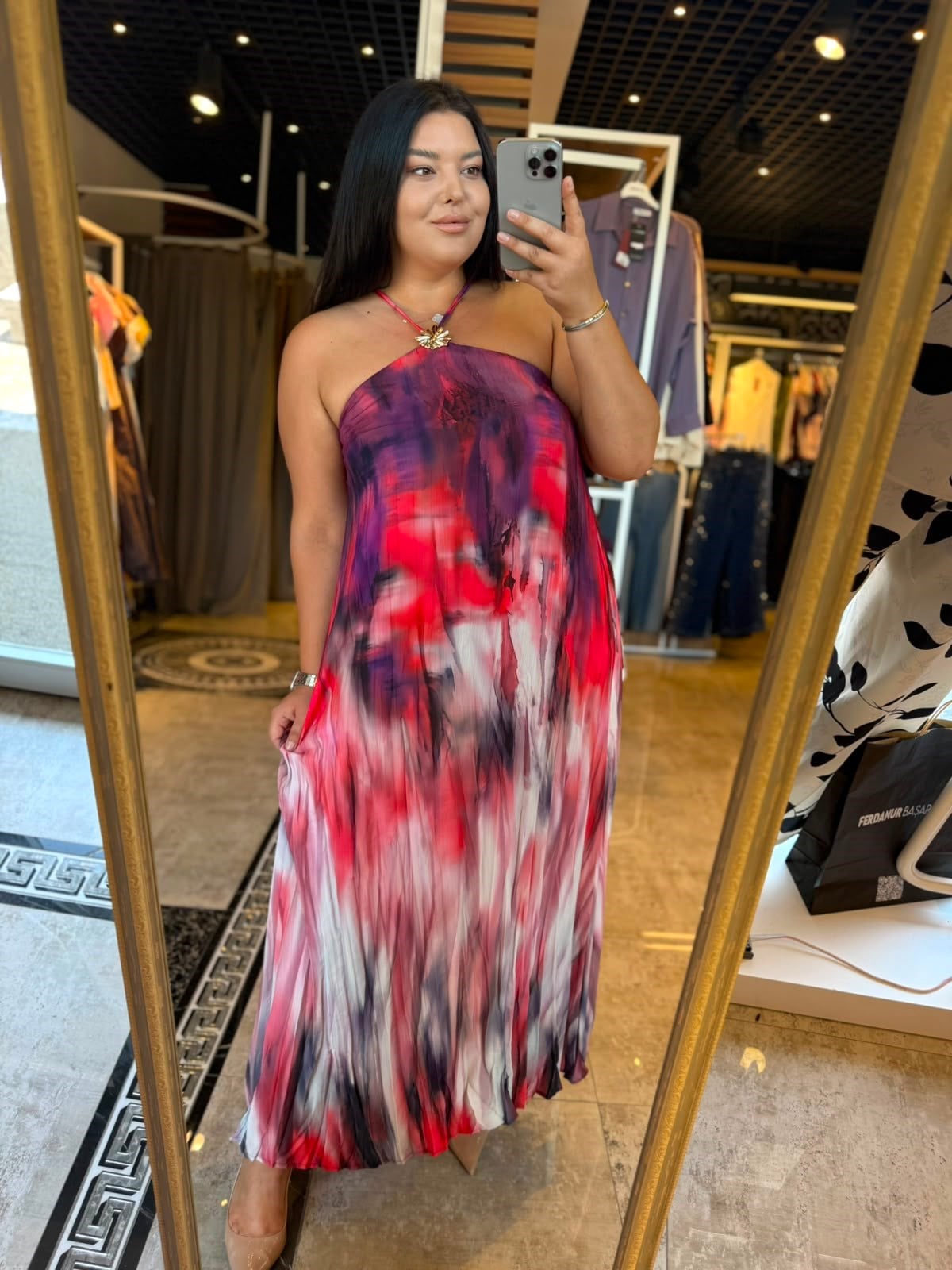Oversize Kraşlı Batik Desen Bağlamalı Kadın Elbise - Pembe 