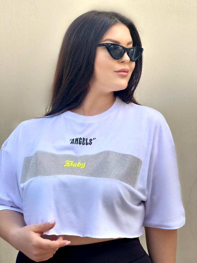 Oversize Kristal Taş Detay Pamuklu Crop Tshirt - Beyaz 