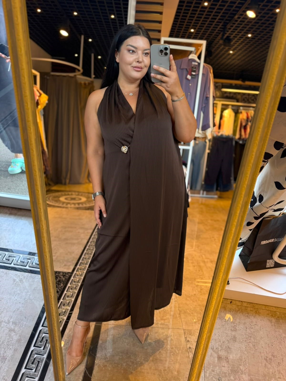 Oversize Kruvaze Kapama Nisbet Elbise - Kahve 
