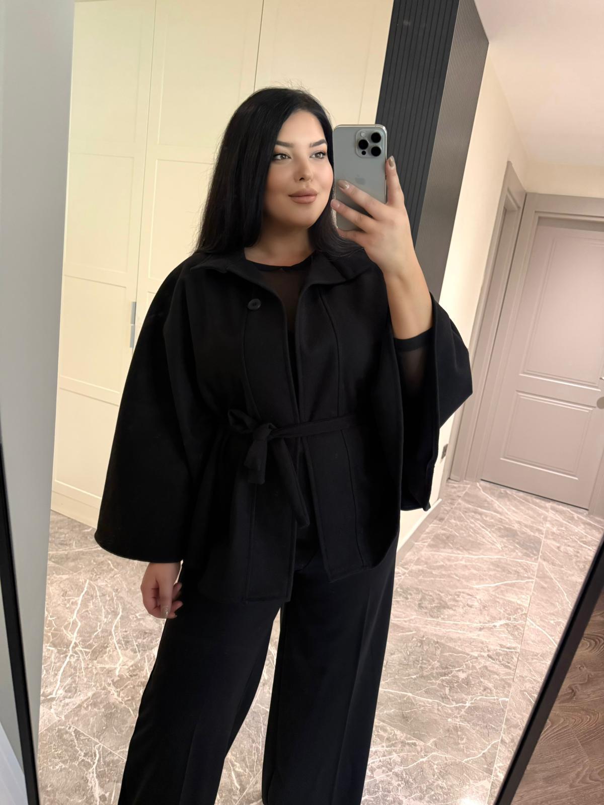 Oversize Kuşak Detaylı Kadın Kaşe Panço - Siyah 
