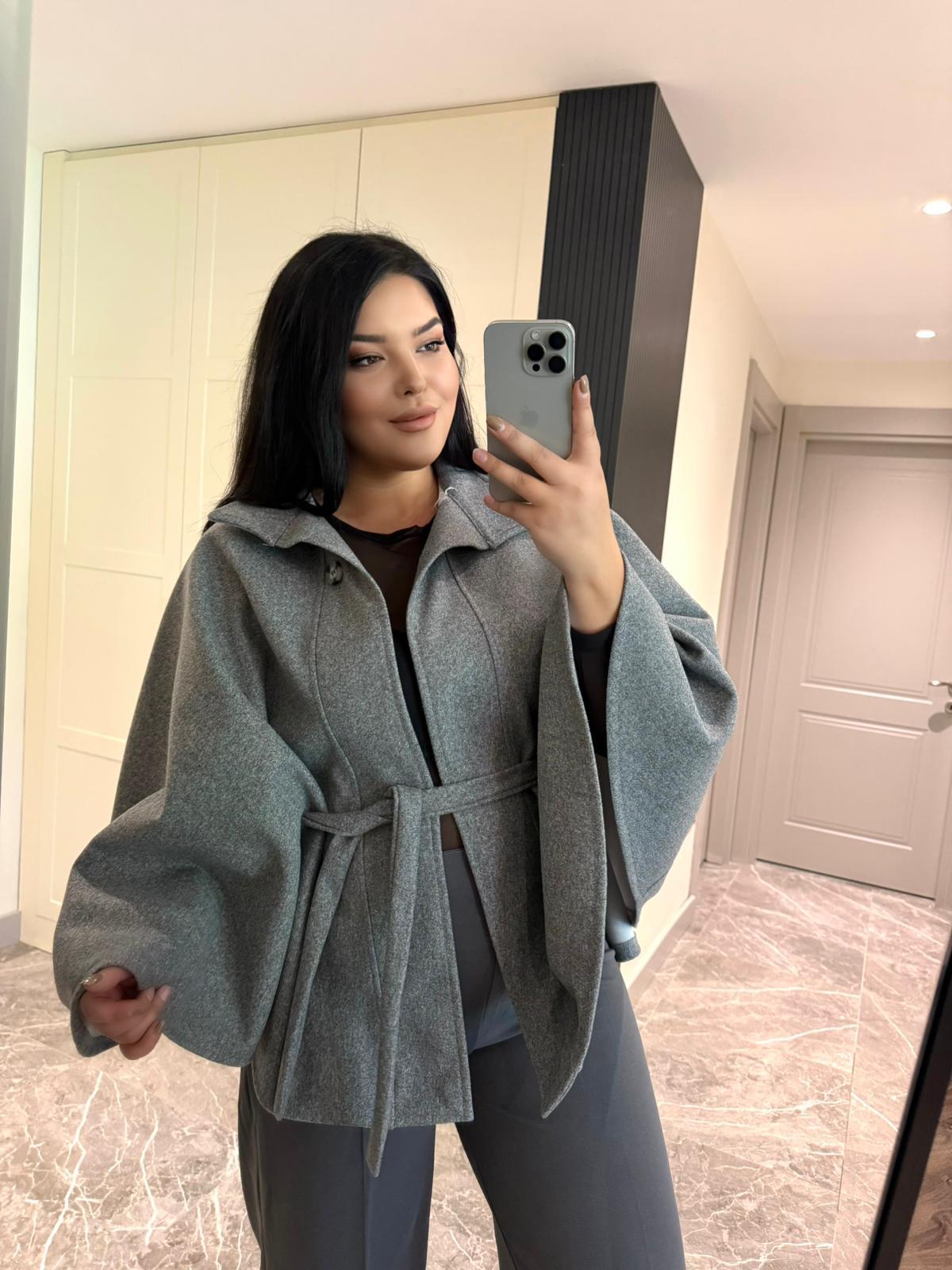 Oversize Kuşak Detaylı Kadın Kaşe Panço - Gri