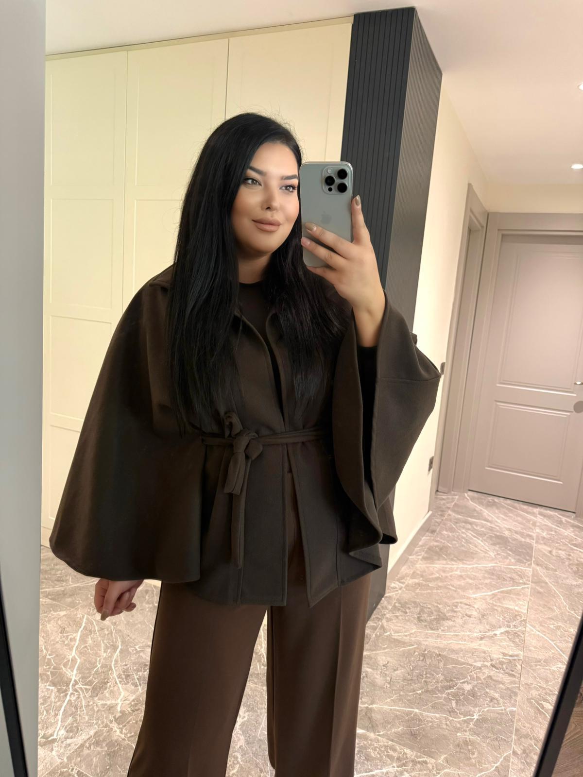 Oversize Kuşak Detaylı Kadın Kaşe Panço - Kahve 