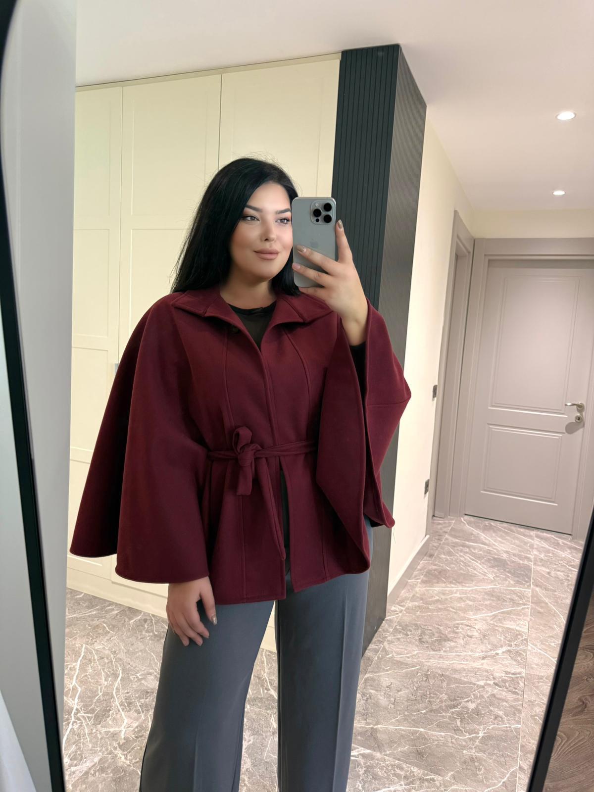 Oversize Kuşak Detaylı Kadın Kaşe Panço - Bordo
